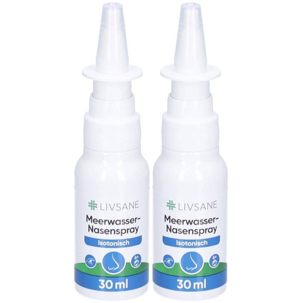 Zwei weiße Flaschen mit Sprühaufsatz. Aufschrift: LIVSANE Meerwasser-Nasenspray isotonisch. Blaue und grüne Etiketten. 30 ml.