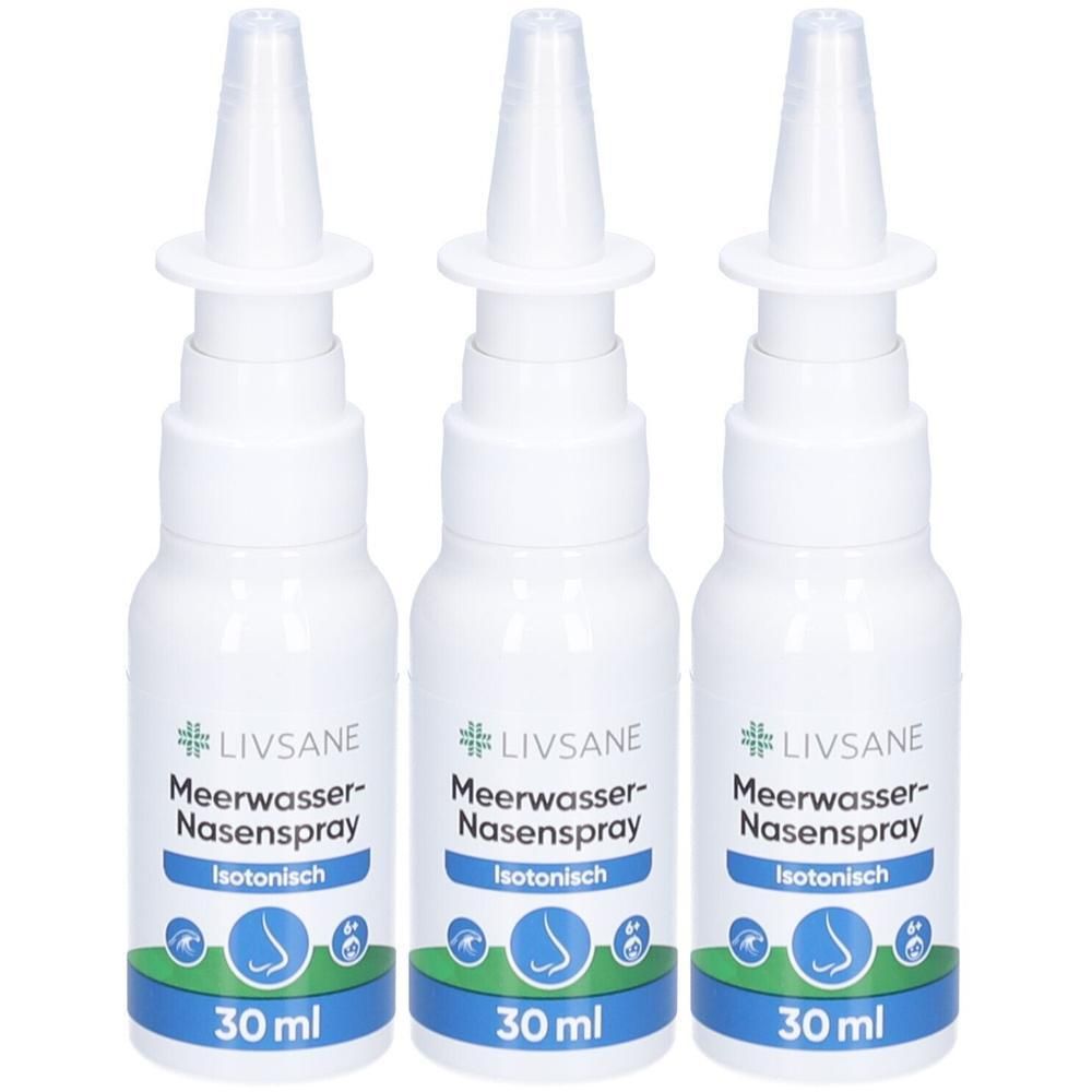 Drei weiße Flaschen mit Nasenspray. Aufschrift: LIVSANE Meerwasser-Nasenspray Isotonisch. 30 ml.