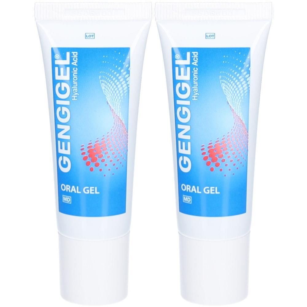 Zwei Tuben GENGIGEL Oral Gel. Weiße Tuben mit blauem Hintergrund und Produktnamen. Aufschrift: Hyaluronsäure.