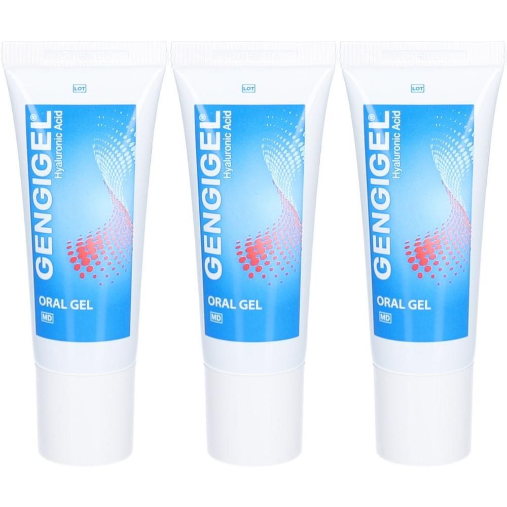 Drei Tuben GENGIGEL Oral Gel. Weiße Tuben mit blauem Etikett. Aufschrift: GENGIGEL, Hyaluronsäure, Oral Gel.