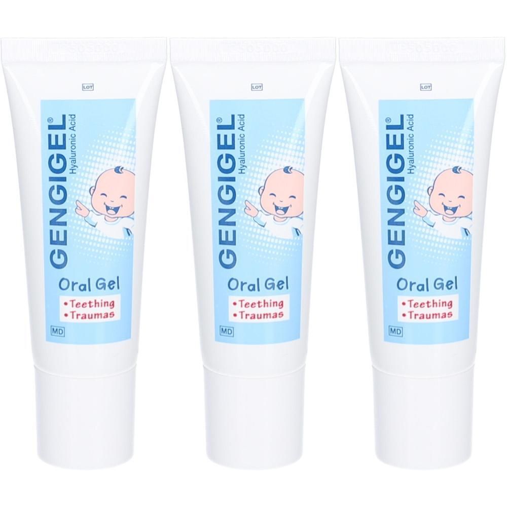 Drei Tuben GENGIGEL Baby Gel. Weiße Tuben mit blauem Etikett, Baby-Illustration und Produktinformationen. Aufschrift: Oral Gel.