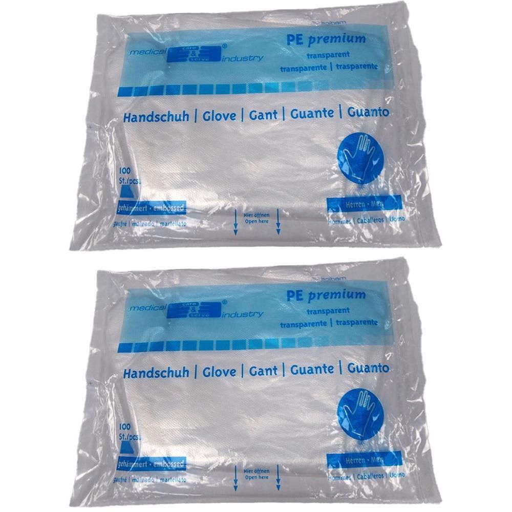 Deux paquets de gants jetables en PE, transparents, taille L. Avec inscription 'medical industry'.