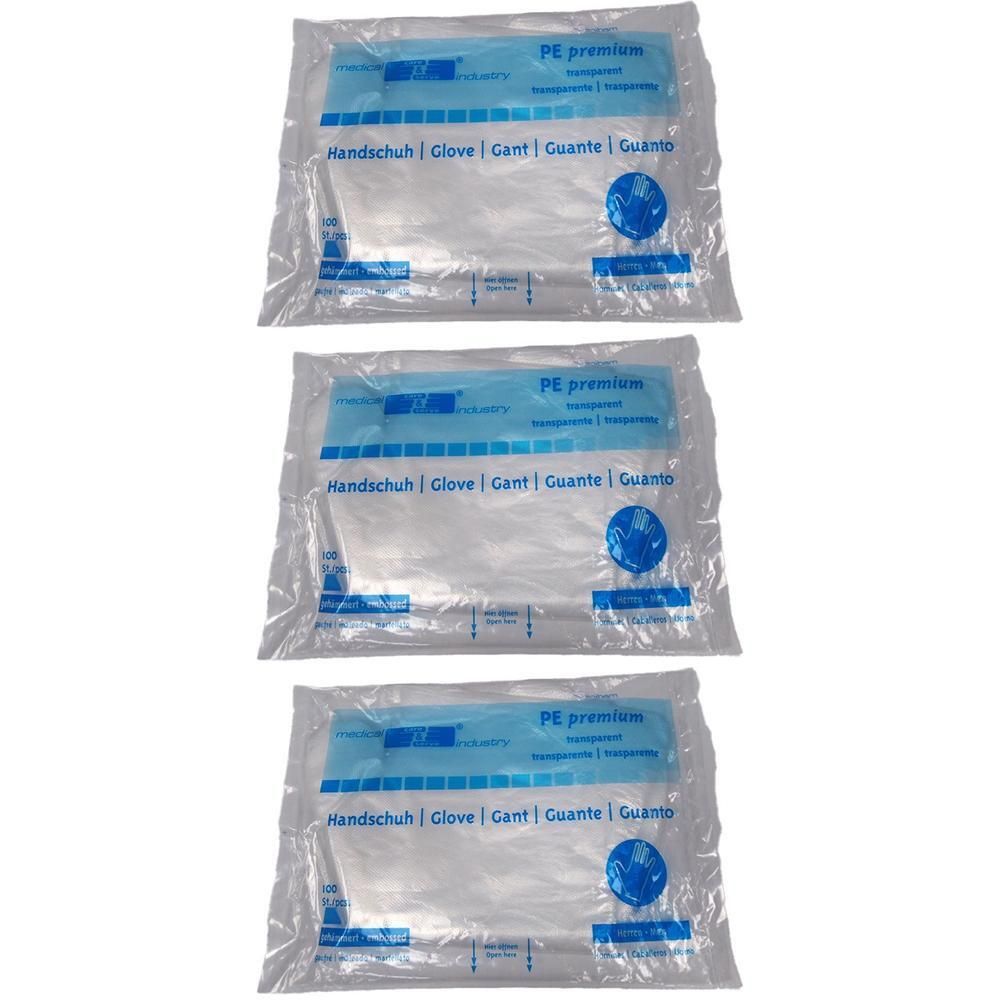Trois paquets de gants jetables en PE, transparents, taille L.