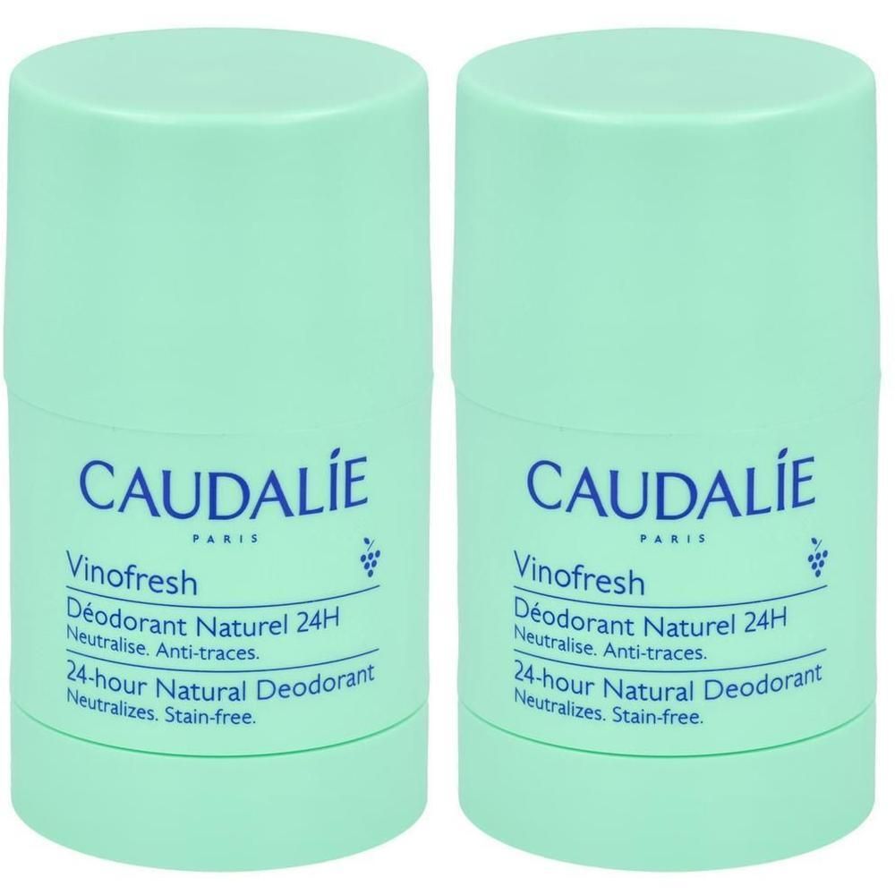 Zwei grüne Deostifte. Aufschrift: CAUDALIE Vinofresh, Déodorant Naturel 24H, 24-hour Natural Deodorant.
