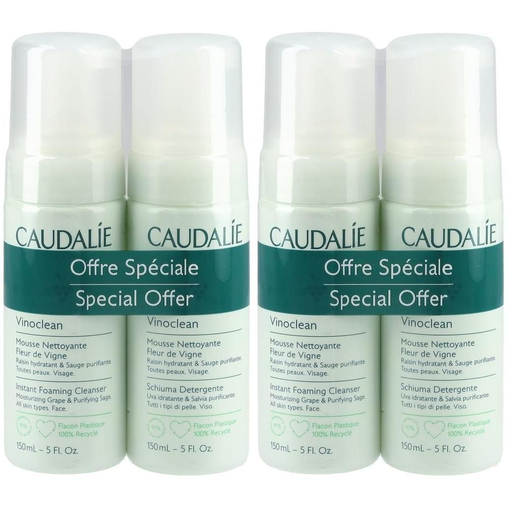 Zwei Sets CAUDALIE Vinoclean Reinigungsschaum. Jedes Set enthält zwei Flaschen. Aufschrift: Offre Spéciale, Special Offer. Flaschen mit grünem Etikett.