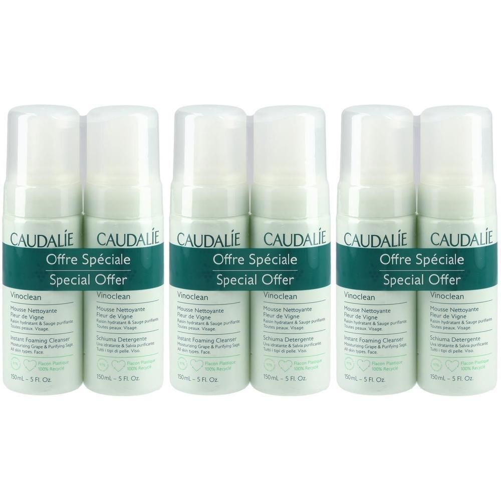 Drei Sets CAUDALIE Vinoclean. Jedes Set enthält zwei Flaschen. Aufschrift: Offre Spéciale, Special Offer. Flaschen mit weißem Deckel und grünem Etikett.
