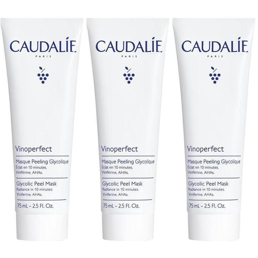 Drei weiße Tuben mit dem Aufdruck CAUDALIE PARIS, Vinoperfect, Masque Peeling Glycolique. Unten steht 75ml - 2.5 Fl. Oz.