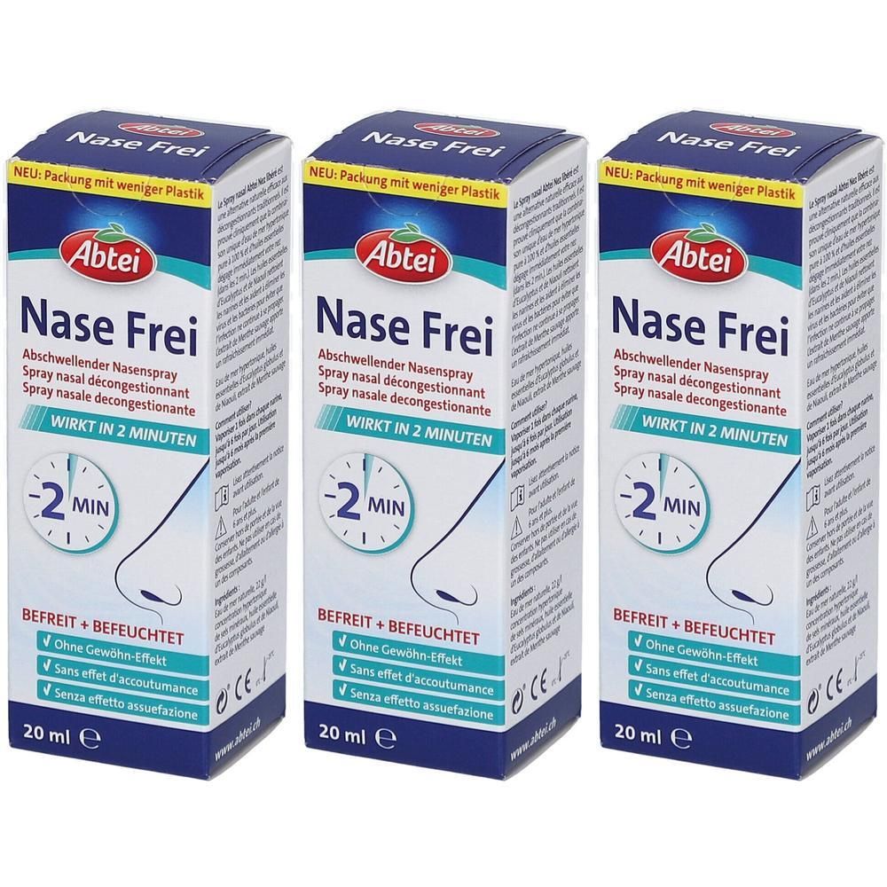 Trois boîtes de spray nasal Abtei Nase Frei, 20 ml. Décongestionnant et hydratant.