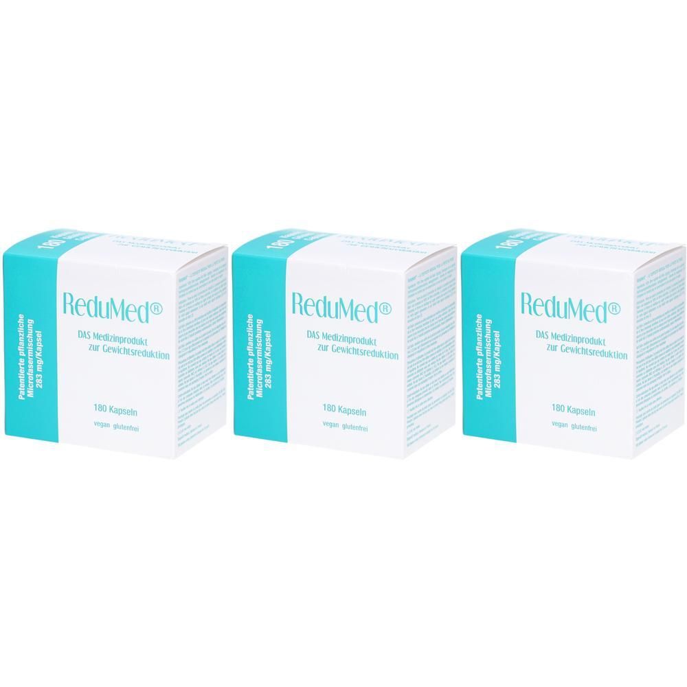 Trois boîtes ReduMed. Emballage blanc avec couvercle bleu. Inscription: ReduMed, 100 capsules. Texte en allemand.