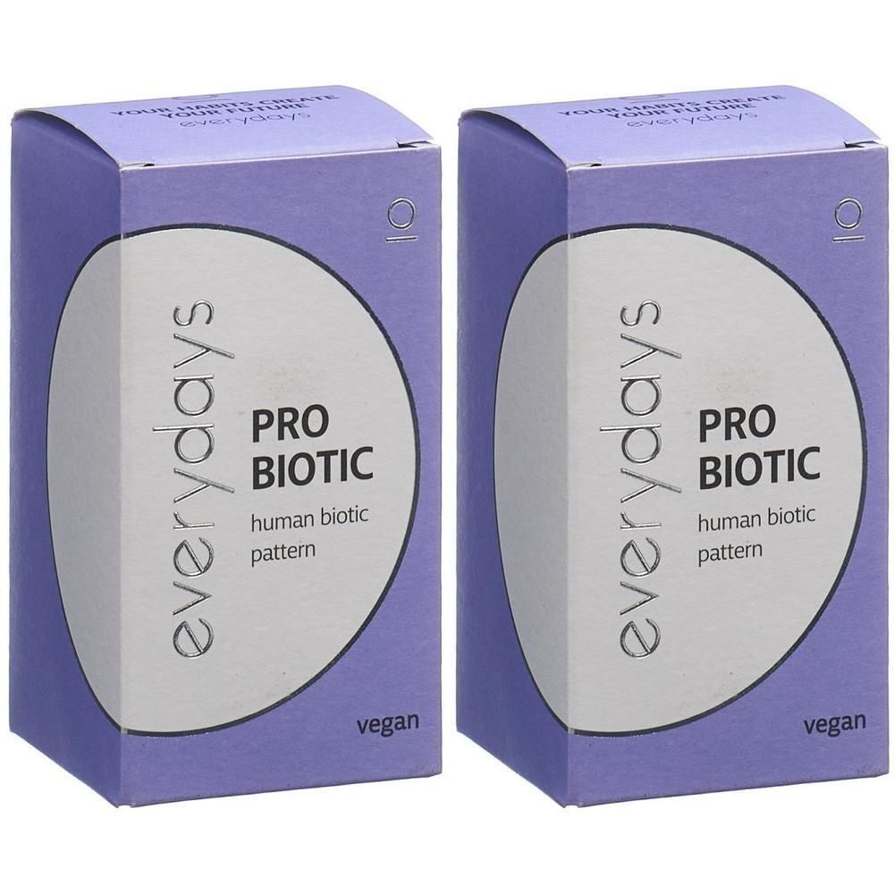 Zwei Packungen "everydays PRO BIOTIC" mit der Aufschrift "human biotic pattern" und "vegan".