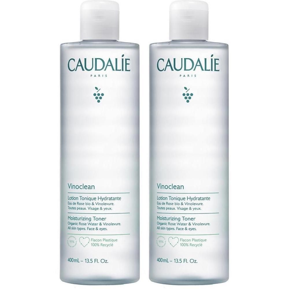 Zwei Flaschen CAUDALIE Vinoclean Lotion Tonique Hydratante. Weiße Kappen, transparente Flaschen mit grüner Schrift. 400ml.