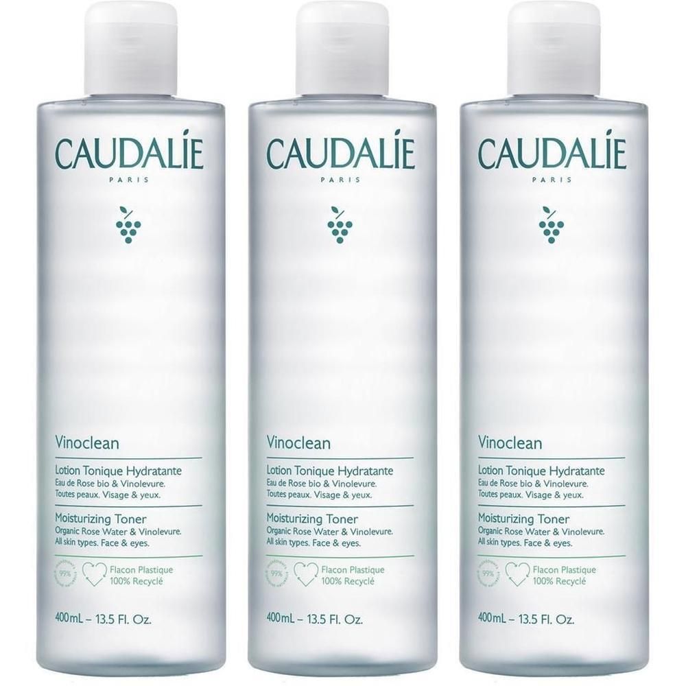 Drei Flaschen mit weißem Deckel. Aufschrift: CAUDALIE, Vinoclean, Lotion Tonique Hydratante. 100% recycelbar.