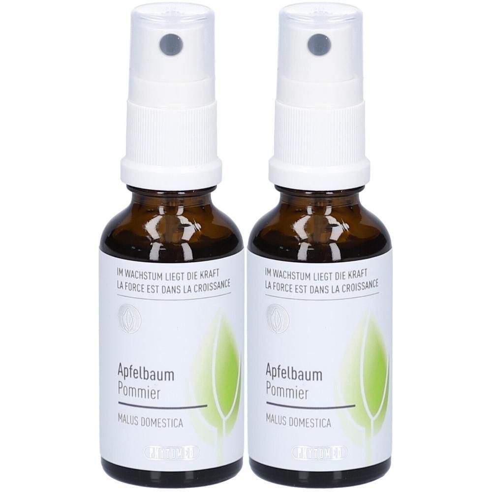 Zwei Sprühflaschen mit weißem Sprühkopf und brauner Glasflasche. Aufschrift: Apfelbaum Pommier, Malus domestica. Text: Im Wachstum liegt die Kraft.