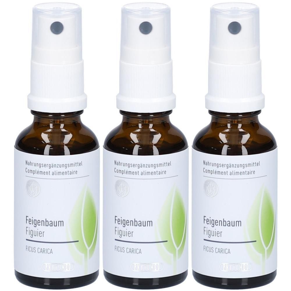 Trois flacons en verre brun avec vaporisateur. Les étiquettes indiquent "Feigenbaum Figuier" et "Complément alimentaire".