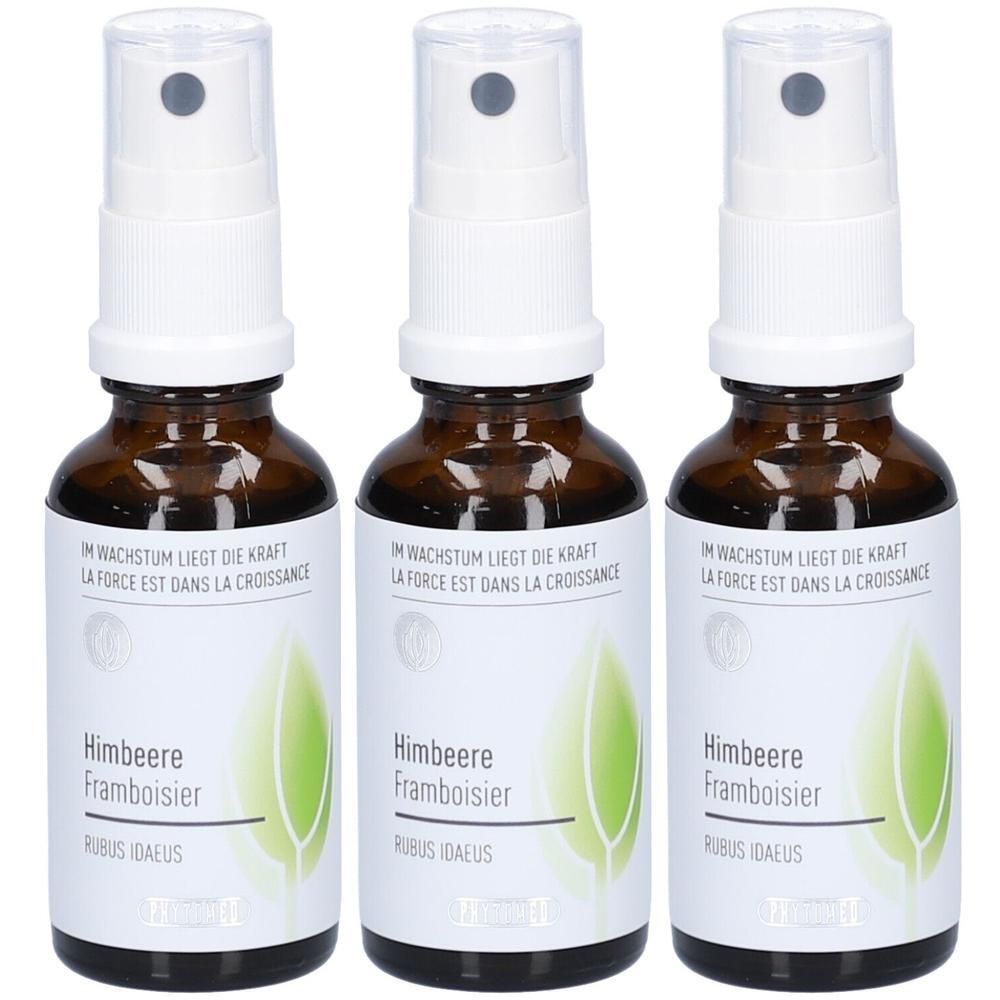 Trois flacons en verre brun avec vaporisateur. Étiquettes: Himbeere, Framboisier, Rubus idaeus. Texte: Im Wachstum liegt die Kraft, La force est dans la croissance.