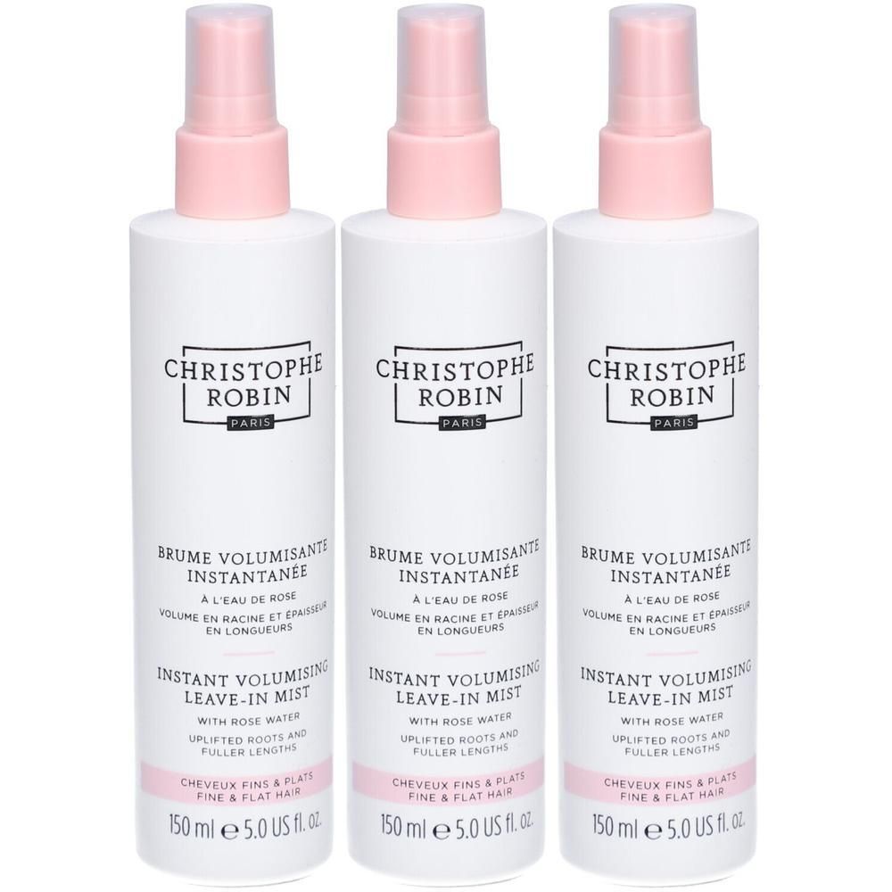 Drei weiße Sprühflaschen mit rosa Deckel. Aufschrift: CHRISTOPHE ROBIN PARIS, Brume Volumisant Instantanee, 150 ml.