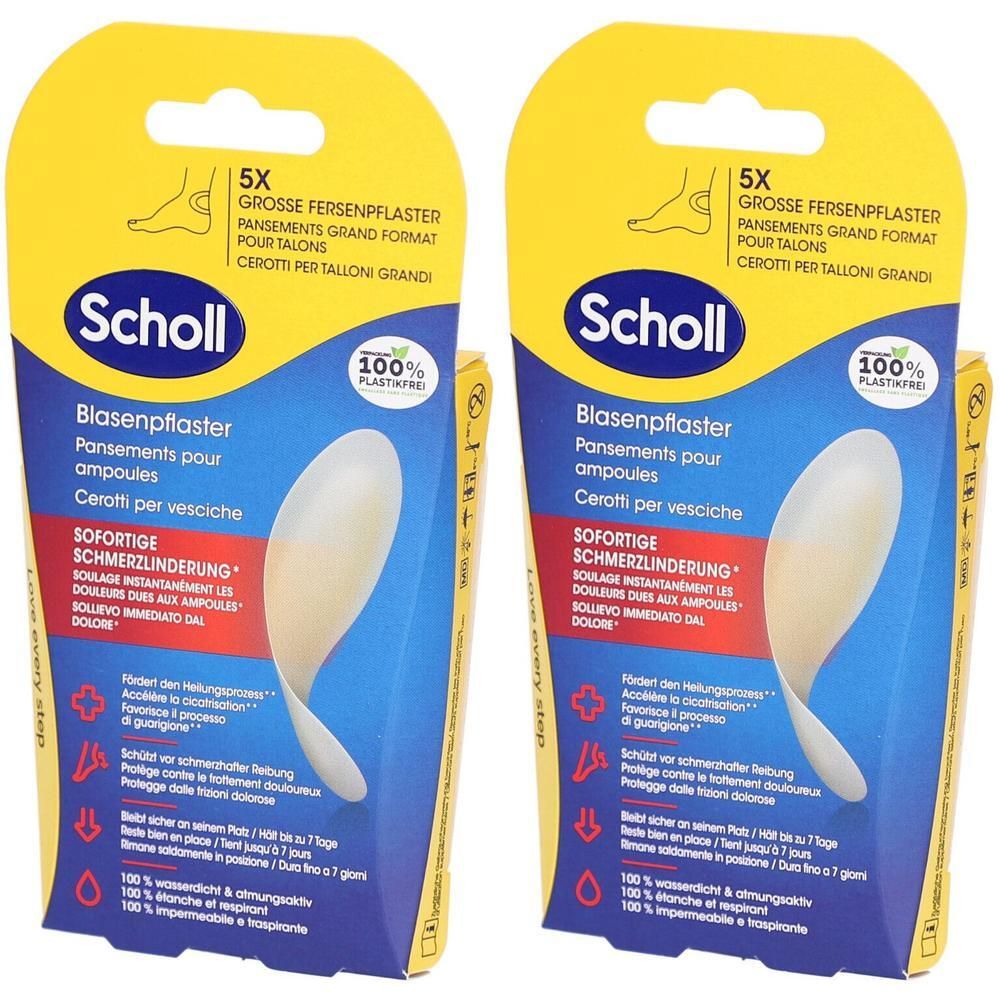 Zwei Packungen Scholl Blasenpflaster Fersen. Gelbe und blaue Verpackung mit Produktabbildung und Text. 100% plastikfrei.