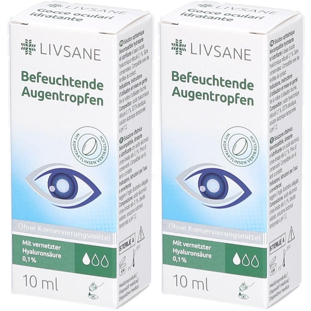 Deux boîtes de gouttes oculaires hydratantes LIVSANE 0,1% acide hyaluronique, 10 ml.