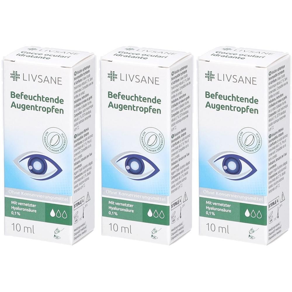 Trois boîtes de gouttes oculaires hydratantes LIVSANE 0,1% acide hyaluronique, 10 ml.