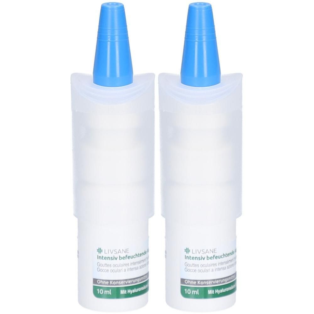 Deux flacons de gouttes oculaires LIVSANE, 10 ml chacun, avec applicateurs bleus.