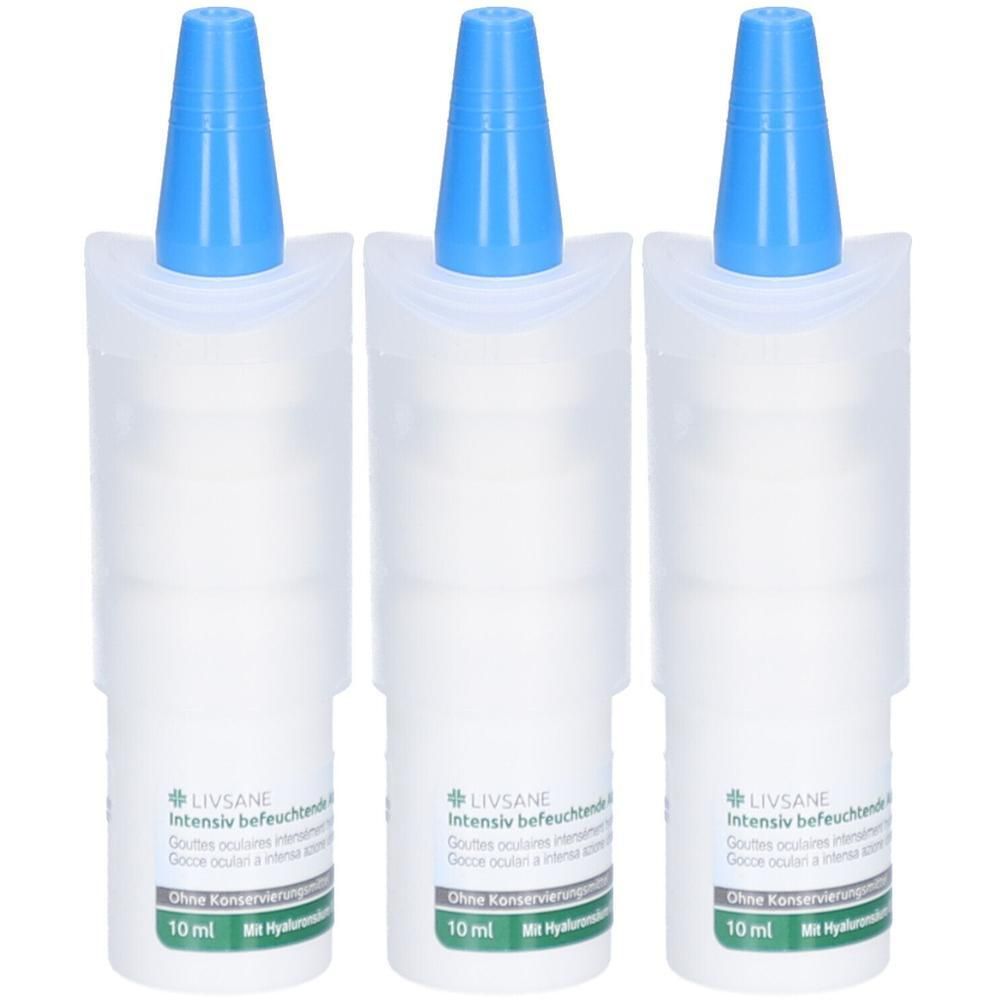 Trois flacons de gouttes oculaires LIVSANE avec embouts compte-gouttes bleus. Chaque flacon contient 10 ml.