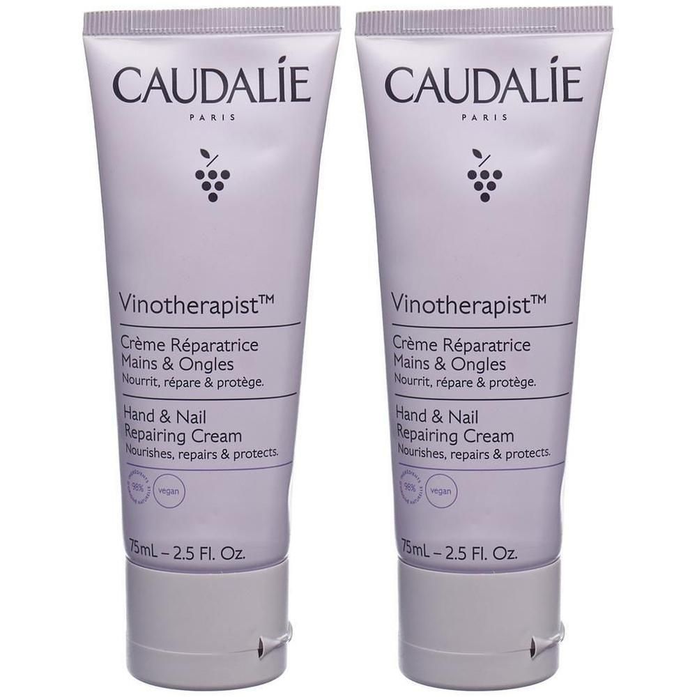 Zwei Tuben Hand- und Nagelcreme. Aufschrift: CAUDALIE PARIS, Vinotherapist, Crème Réparatrice Mains & Ongles, Hand & Nail Repairing Cream.