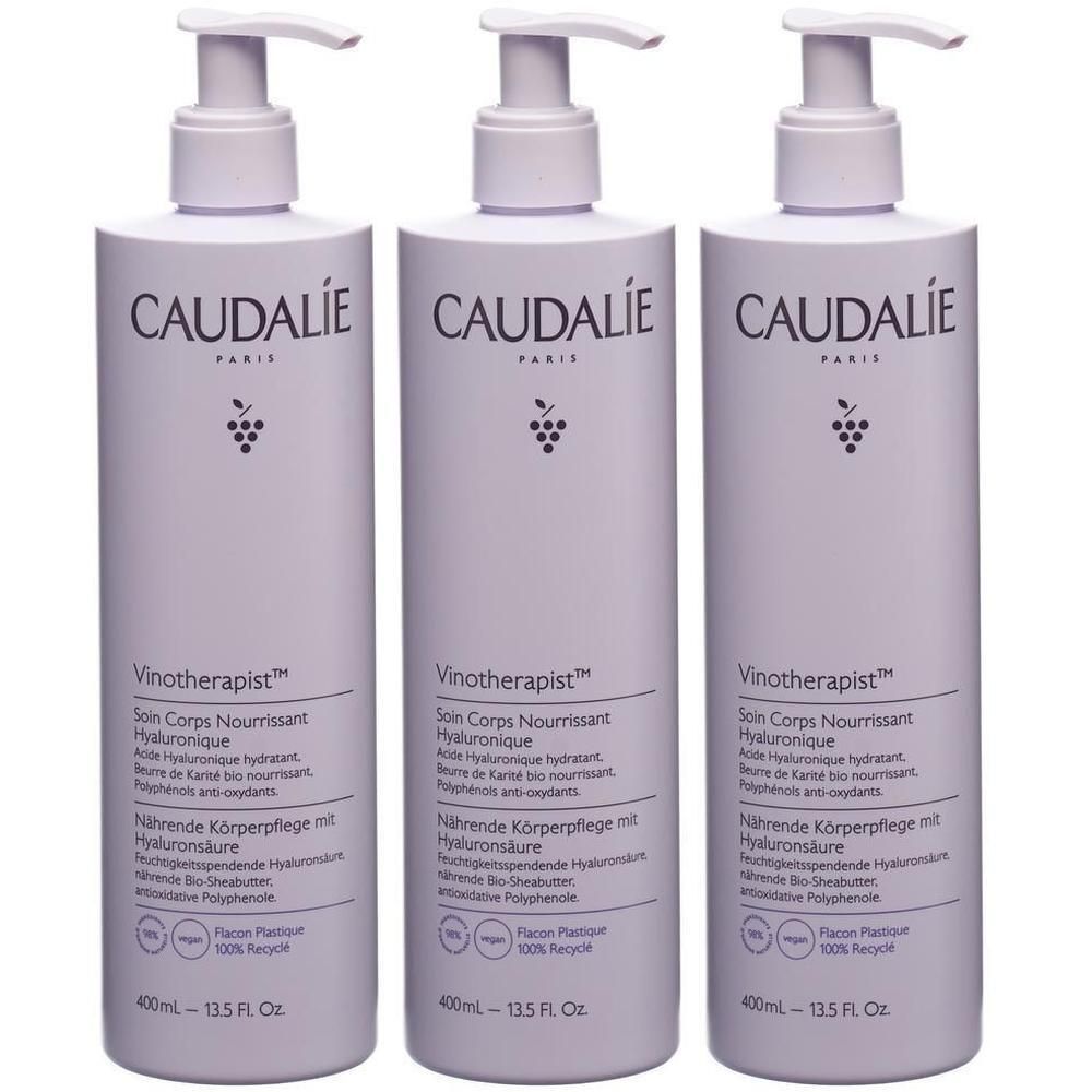 Drei Flaschen mit Pumpverschluss. Auf jeder Flasche steht CAUDALIE und Vinotherapist. Text in Französisch und Deutsch. 400ml.