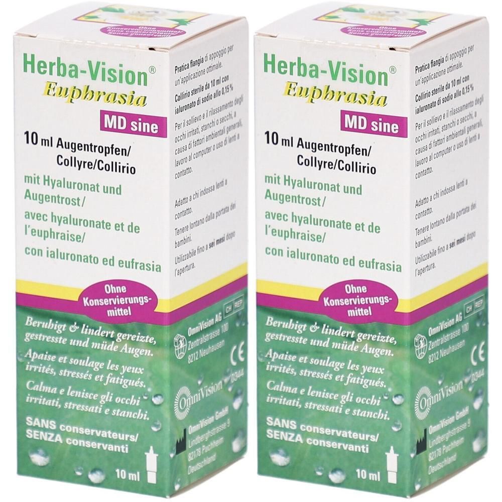 Deux boîtes de gouttes oculaires Herba-Vision Euphrasia MD sine, 10 ml. Avec hyaluronate et euiphrase.