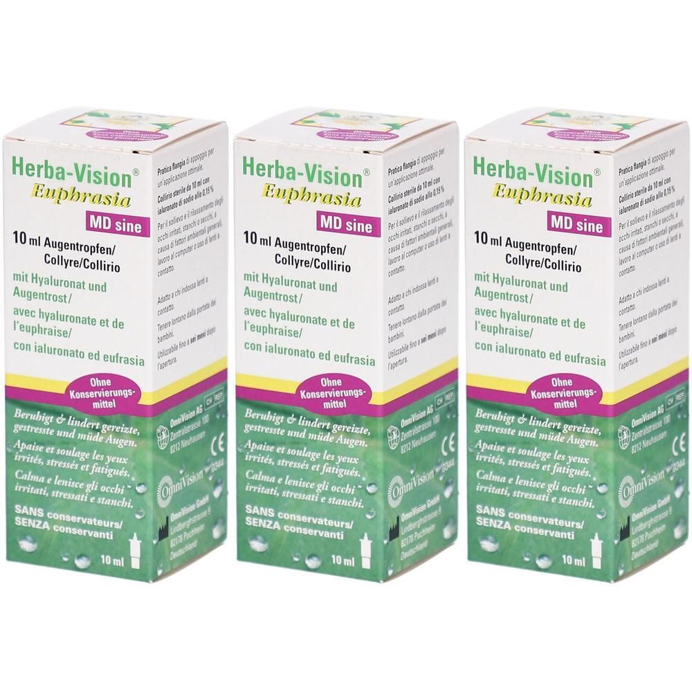 Trois boîtes de Herba-Vision Euphrasia MD sine 10ml gouttes oculaires avec hyaluronate et euiphrase.