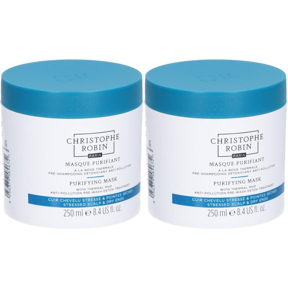 Deux pots blancs avec couvercles bleus. Inscription: CHRISTOPHE ROBIN, Masque Purifiant, Purifying Mask. Texte: 250 ml, 8.4 US fl. oz.
