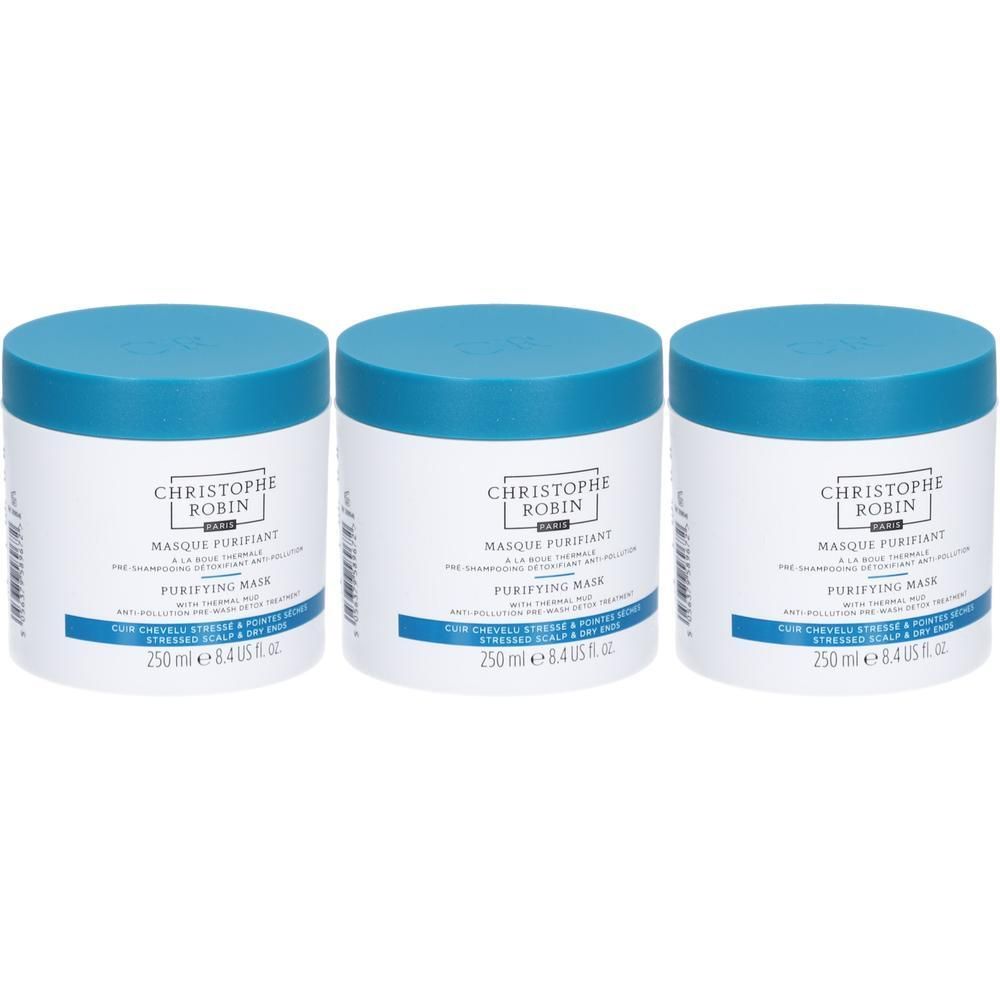 Trois pots blancs avec couvercles bleus. Inscription: CHRISTOPHE ROBIN, Masque Purifiant, Purifying Mask. 250 ml.