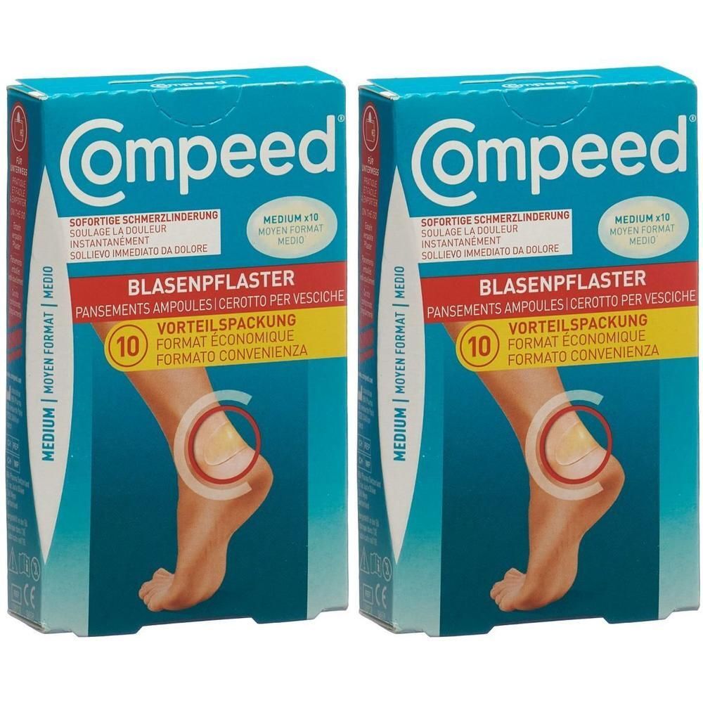 Zwei Packungen COMPEED Blasenpflaster. Blaue Verpackung mit Produktabbildung und Text. Enthält 10 Pflaster.
