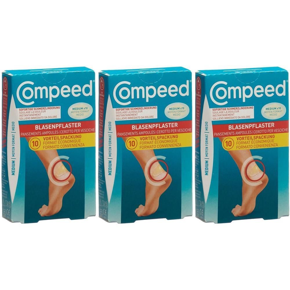 Drei Packungen COMPEED Blasenpflaster. Blaue Schachteln mit weißer Schrift und Abbildung eines Fußes mit Blasenpflaster. Aufschrift: 10 Stück.