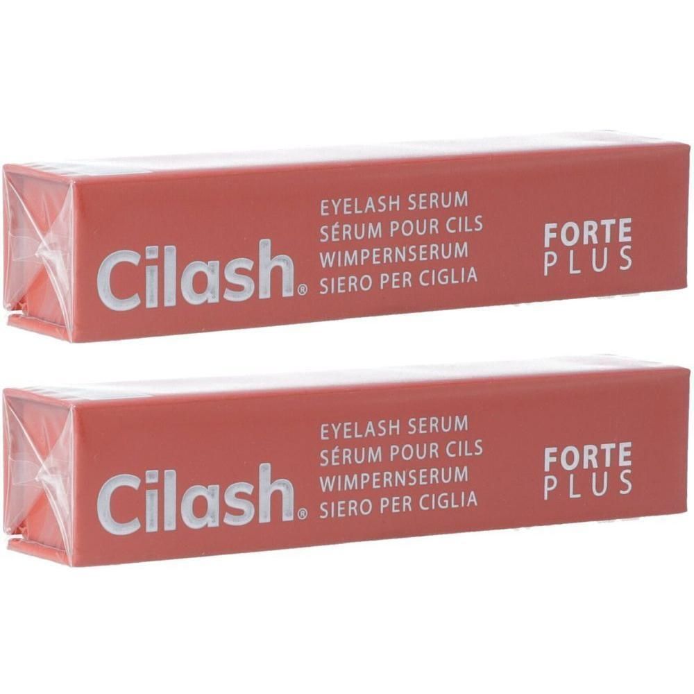 Zwei Packungen CILASH FORTE Plus Wimpernserum. Rote Verpackung mit weißer Schrift. Produktname und Text in mehreren Sprachen.