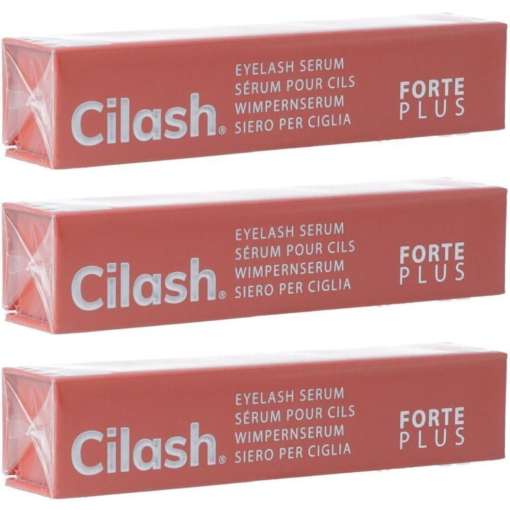 Drei Packungen CILASH FORTE PLUS Wimpernserum. Rote Verpackung mit weißer Schrift. Text: Eyelash Serum, Sérum pour cils, Wimpernserum, Siero per ciglia.