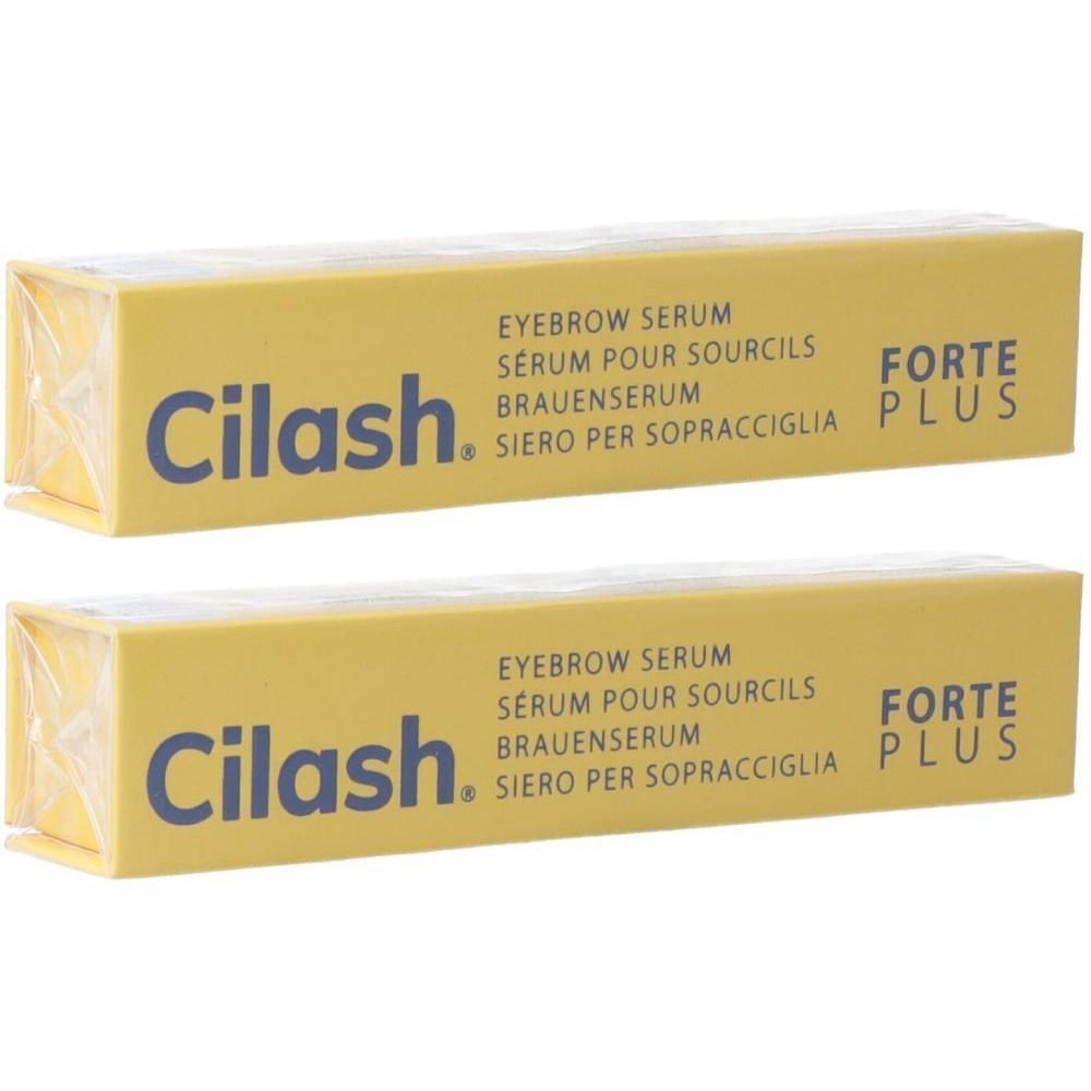 Zwei gelbe Schachteln mit der Aufschrift "Cilash" und "FORTE PLUS". Text: "EYEBROW SERUM".