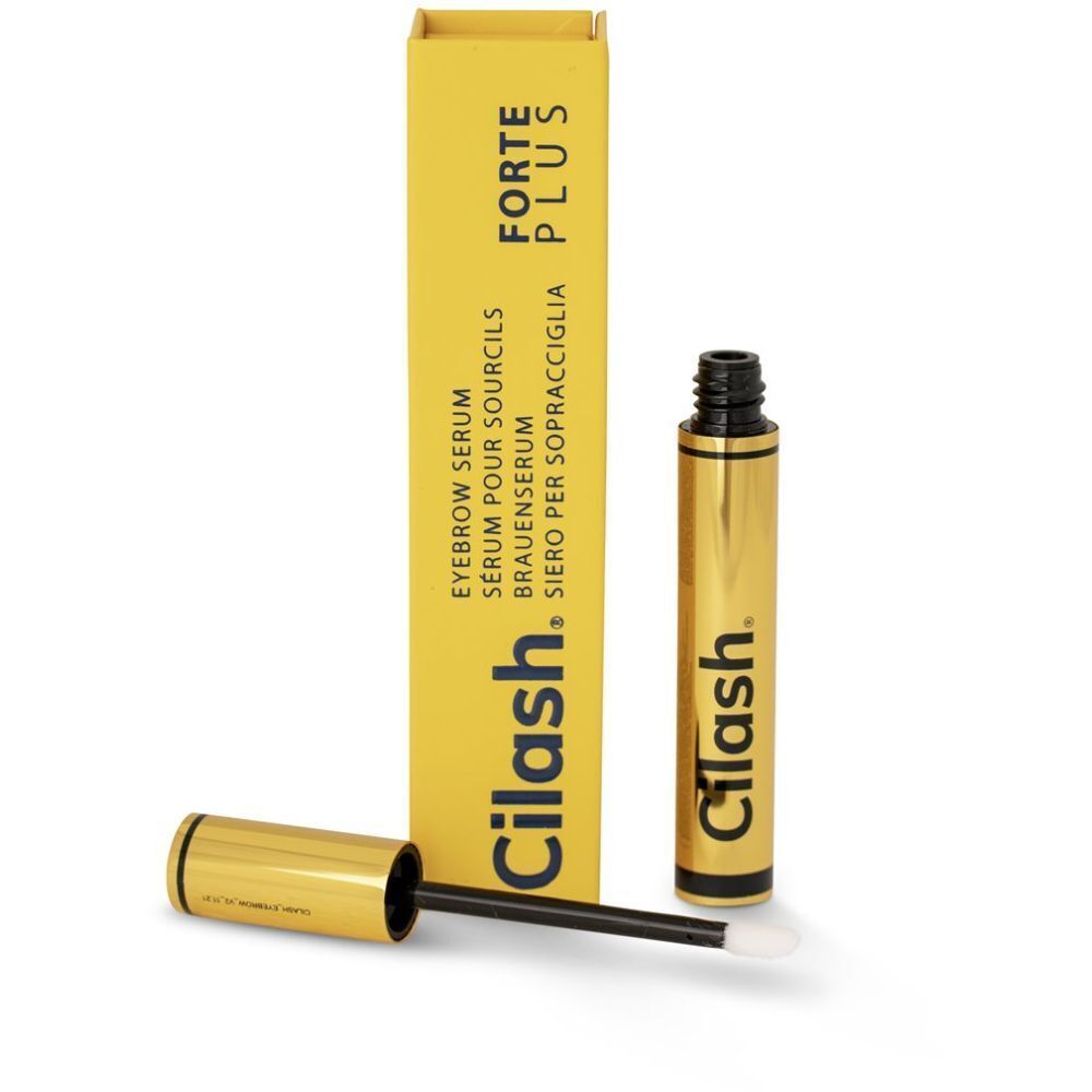 Gelbe Verpackung und goldene Flasche mit "Cilash" und "FORTE PLUS". Schwarze Bürste.
