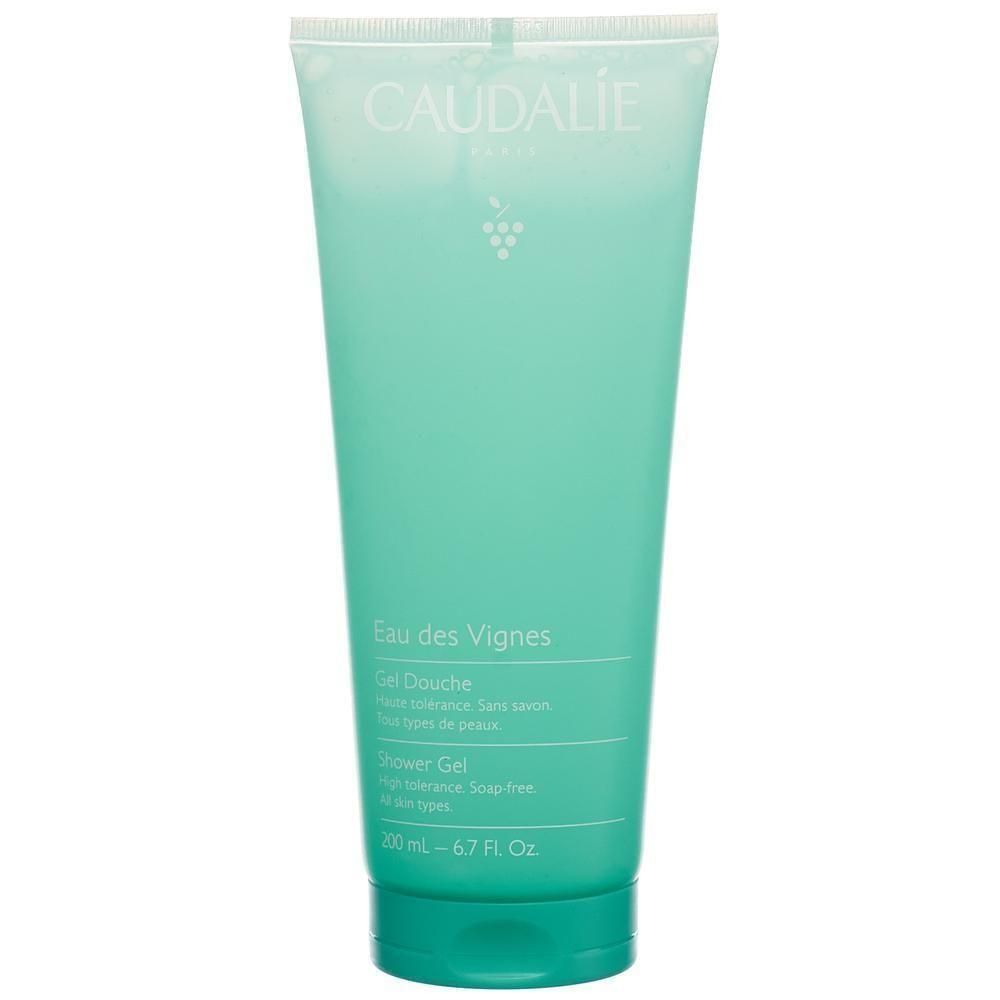 Türkisgrüne Tube mit weißem Deckel. Aufschrift CAUDALIE, Eau des Vignes, Gel Douche, Shower Gel. Volumen: 200 ml.