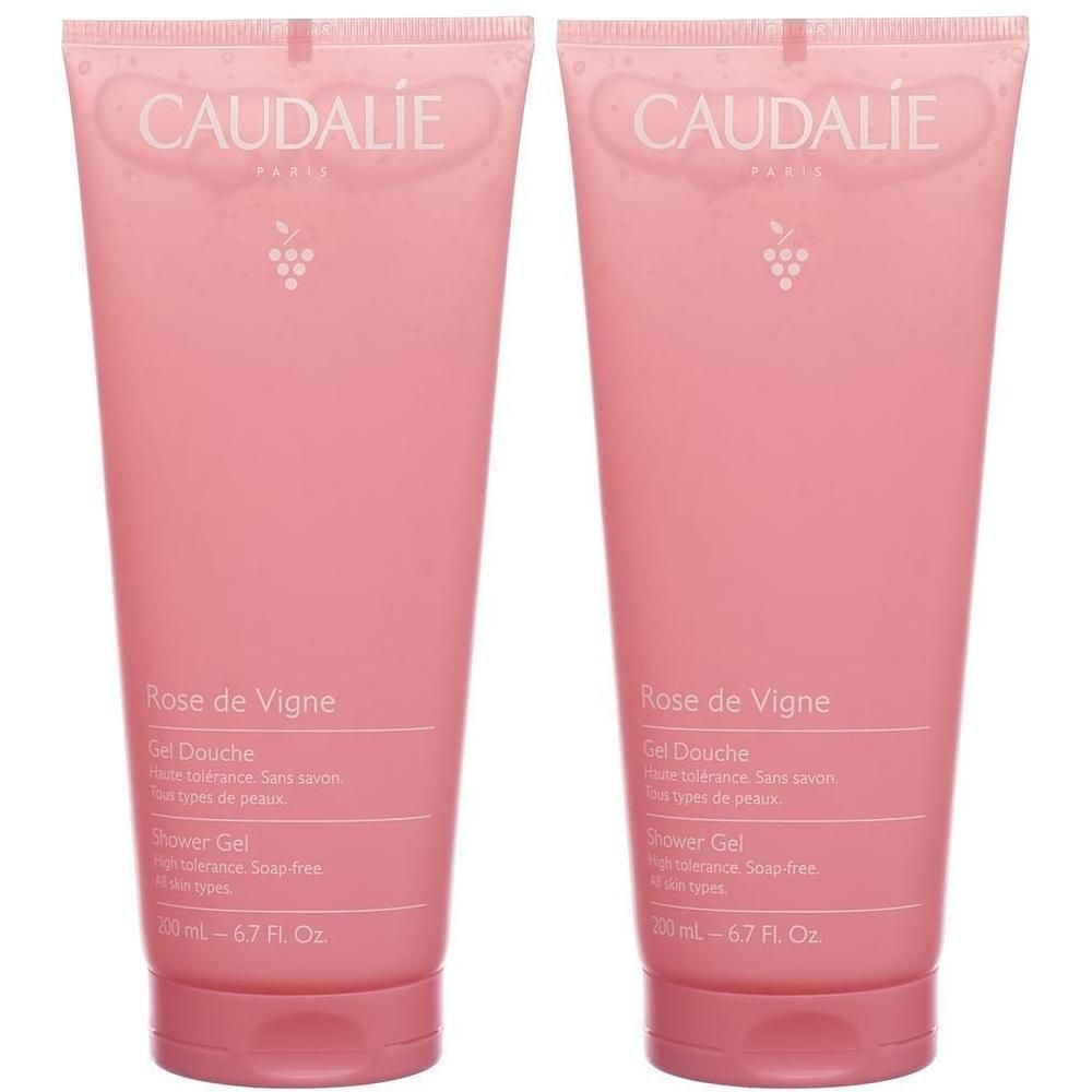 Deux tubes roses. Inscription CAUDALIE, Rose de Vigne, Gel Douche, Shower Gel. 200 ml.