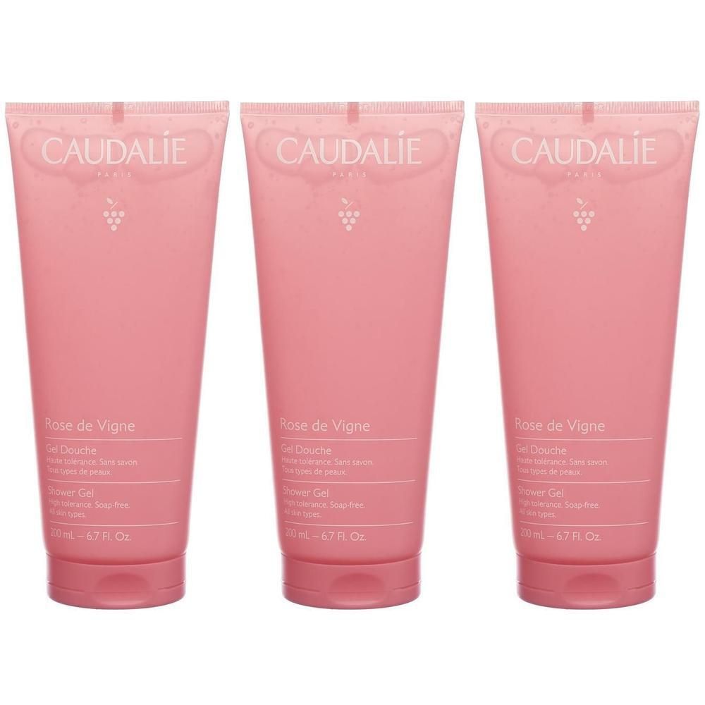 Drei rosa Tuben. Auf jeder steht CAUDALIE, Rose de Vigne, Gel Douche. Die Tuben sind nebeneinander angeordnet.