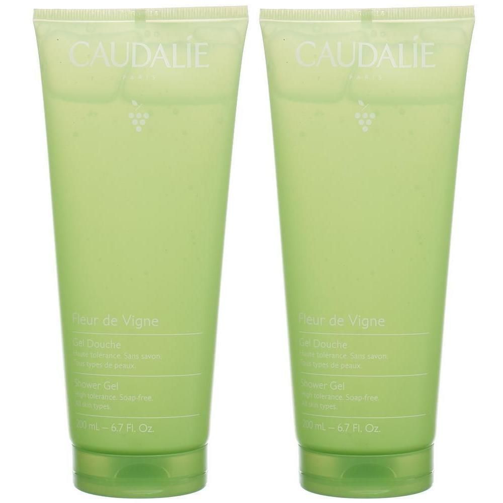 Zwei grüne Tuben. Aufschrift: CAUDALIE, Fleur de Vigne, Gel Douche, 200 ml - 6.7 Fl. Oz. Mit grünen Deckeln.