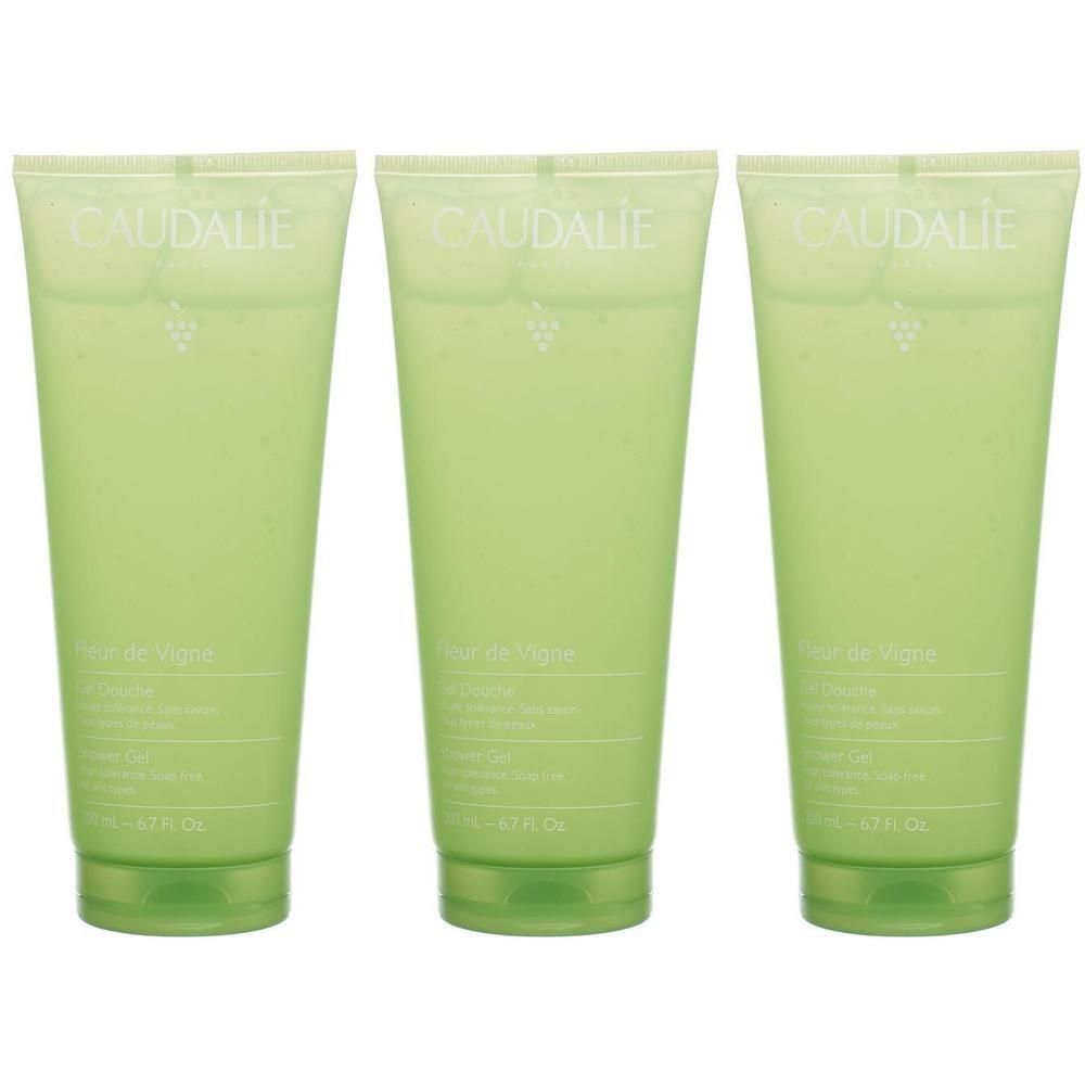 Drei grüne Tuben. Auf jeder steht CAUDALIE und Fleur de Vigne. Die Tuben sind mit grünem Gel gefüllt.