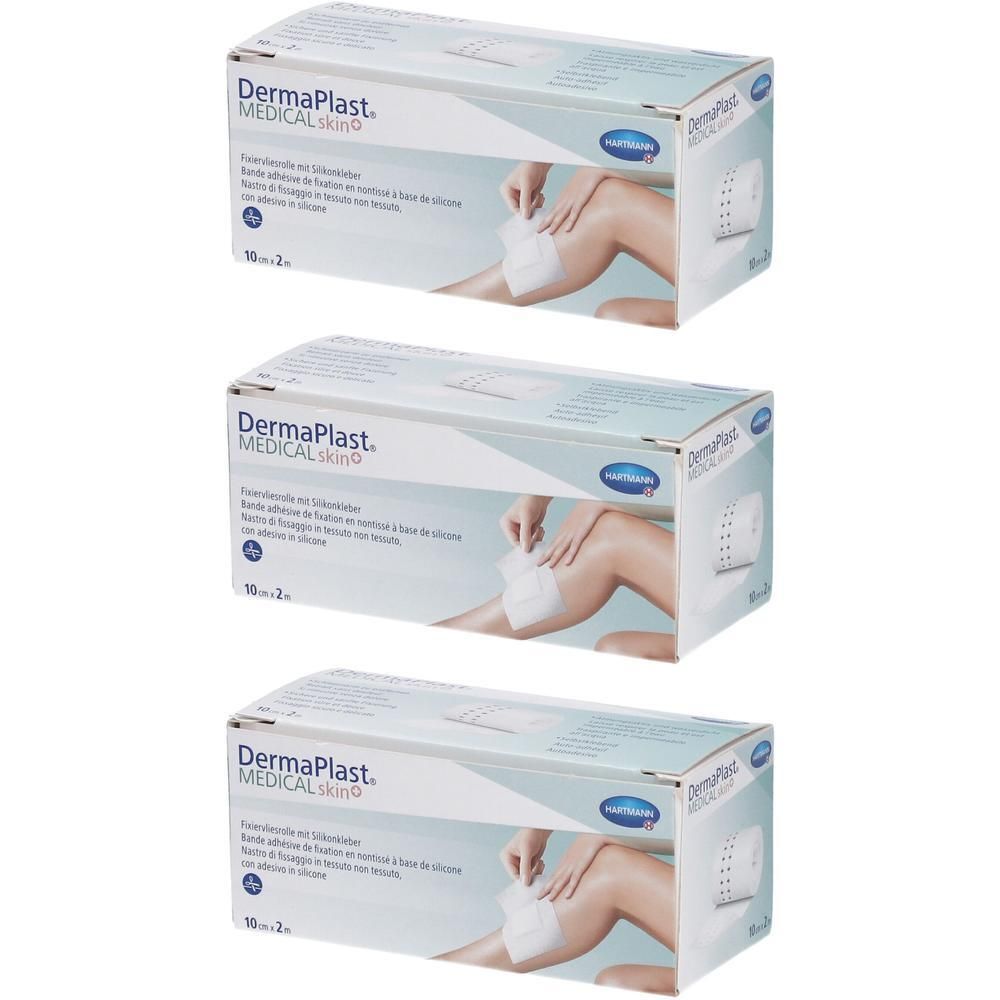 Drei Kartons DERMAPLAST Medical skin+. Aufdruck: 10cmx2m. Abbildung: Bein mit Wundverband. Verpackung mit Produktinformationen.
