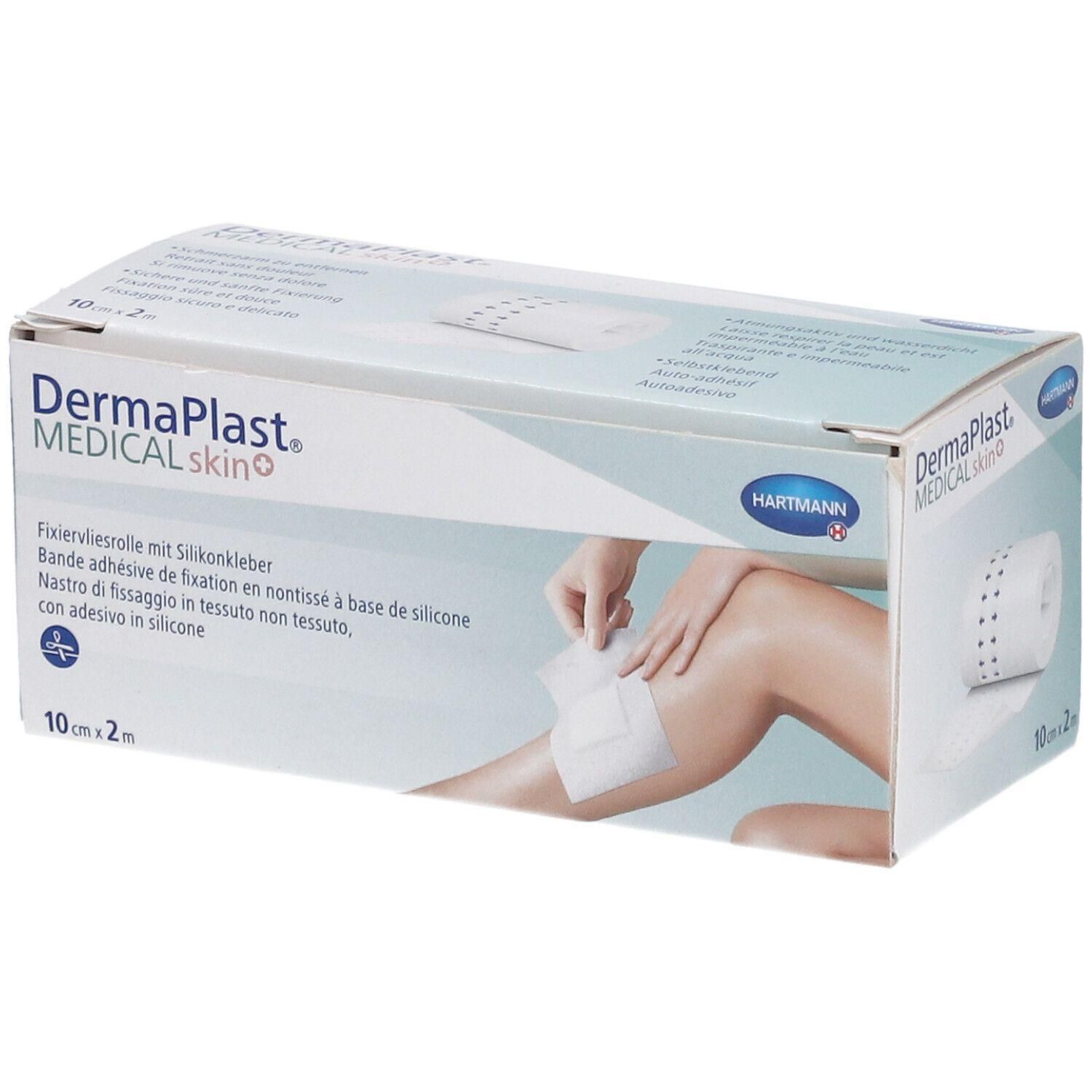 Verpackung von DermaPlast MEDICAL skin. Fixierpflasterrolle mit Silikonkleber. Auf der Verpackung ist eine Abbildung einer Person mit einem Pflaster auf dem Bein.