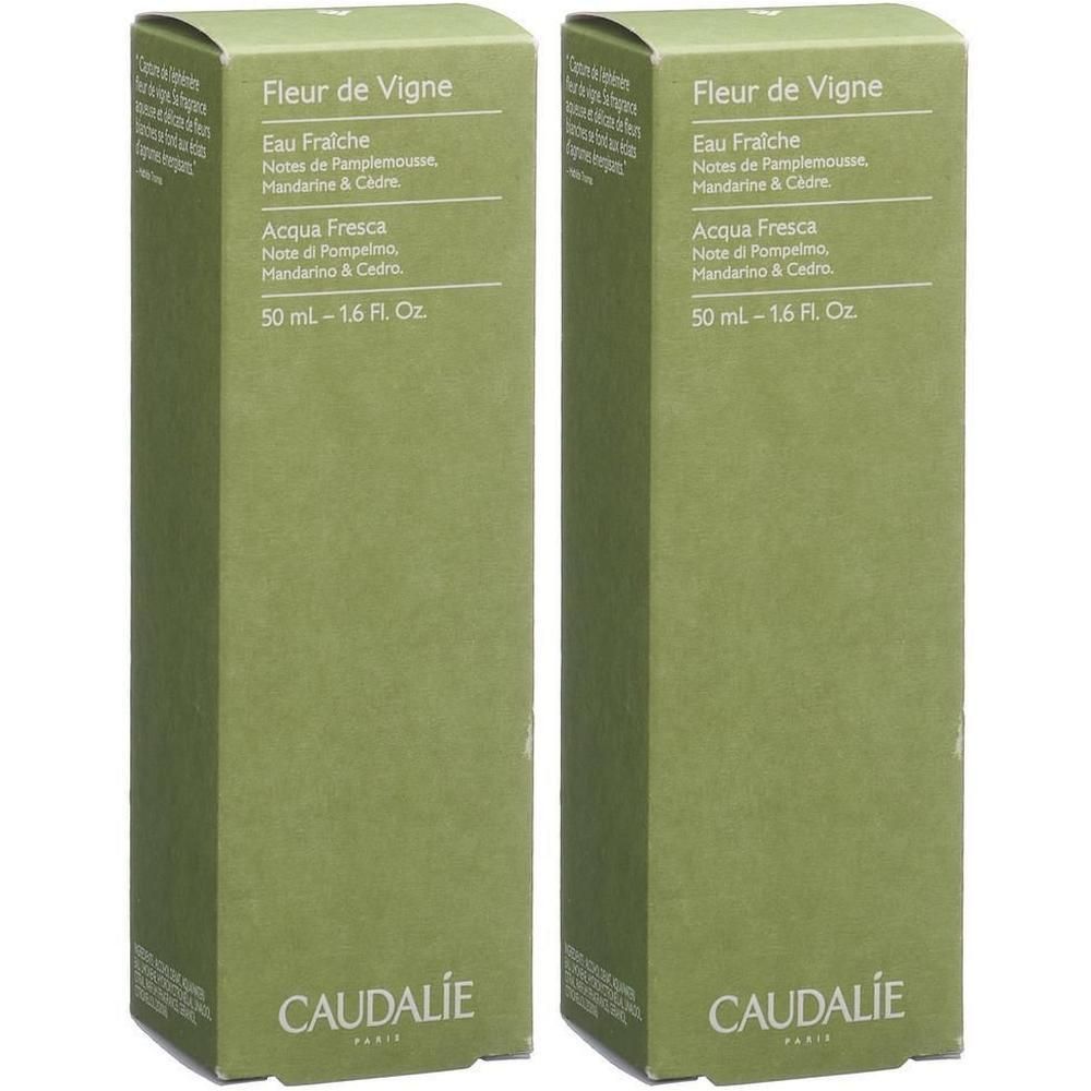 Zwei grüne Kartons. Aufschrift: Fleur de Vigne, Eau Fraiche, 50 ml. Marke: CAUDALIE.