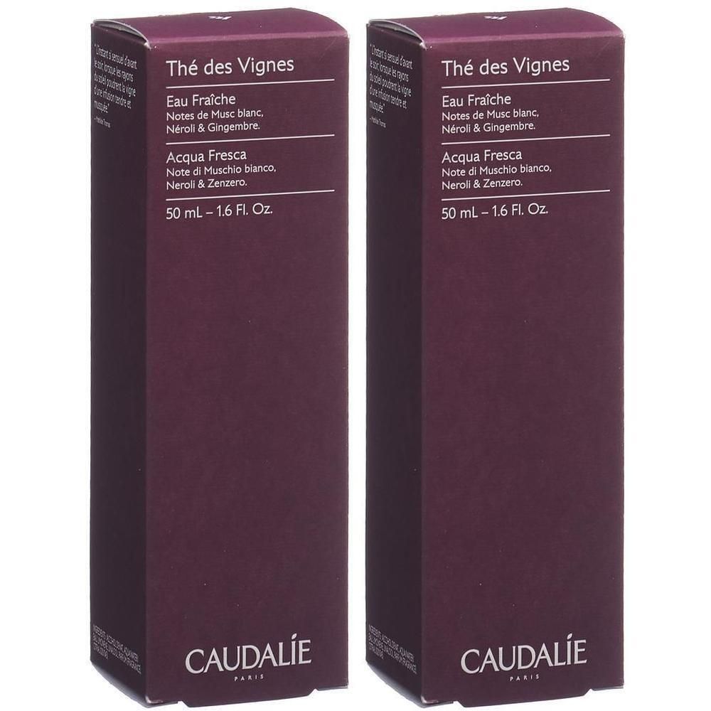Zwei rechteckige Kartons. Aufschrift: Thé des Vignes, Eau Fraiche, 50 ml. Marke: CAUDALIE.