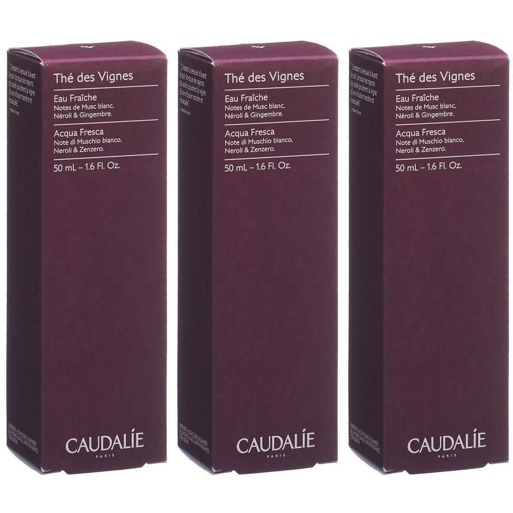 Drei rechteckige Kartons. Auf jedem steht "Thé des Vignes Eau Fraiche". Darunter "CAUDALIE".