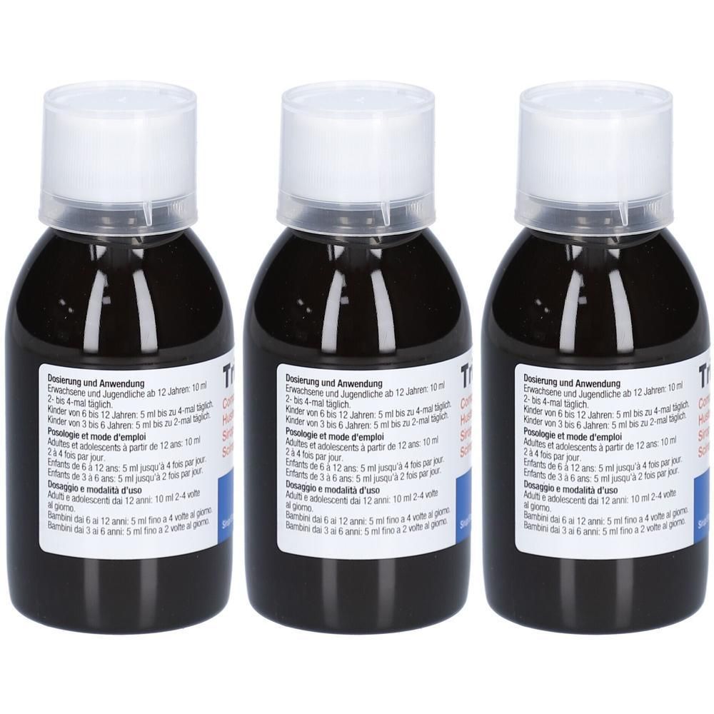 Trois flacons de liquide brun avec des bouchons blancs. Étiquettes avec texte. Inscription: TRIOFAN.