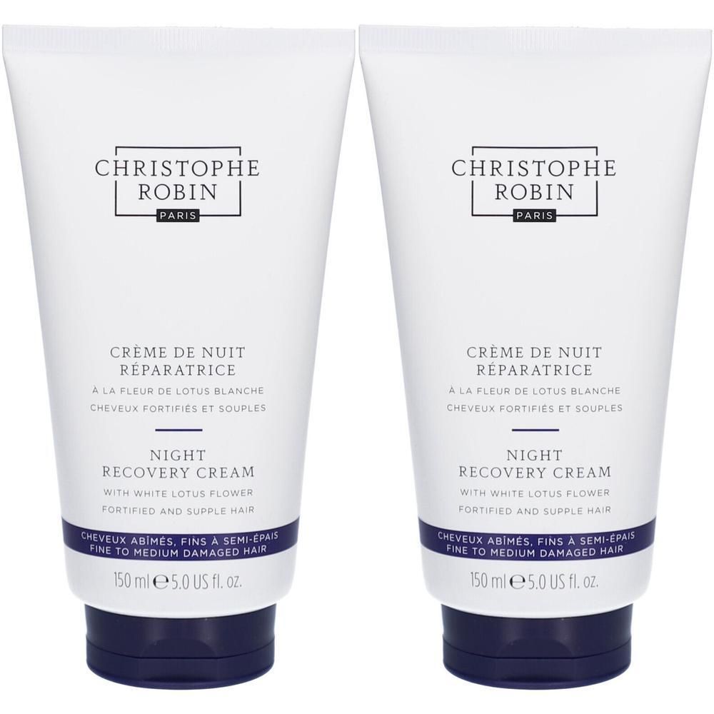 Zwei weiße Tuben mit blauer Kappe. Aufschrift: CHRISTOPHE ROBIN, Crème de Nuit Réparatrice, Night Recovery Cream.