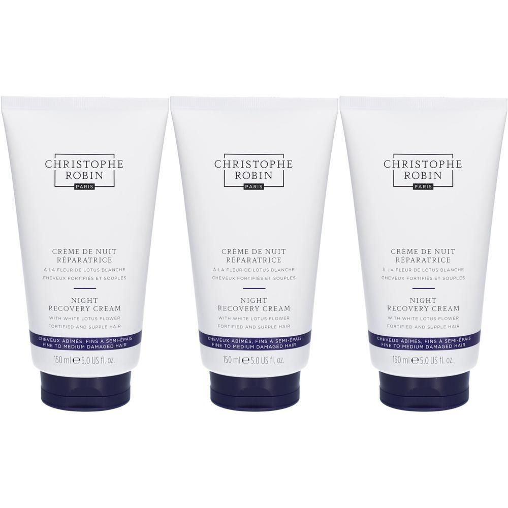 Drei weiße Tuben mit blauer Schrift und Kappe. Aufschrift: CHRISTOPHE ROBIN, CREME DE NUIT REPARATRICE, NIGHT RECOVERY CREAM.